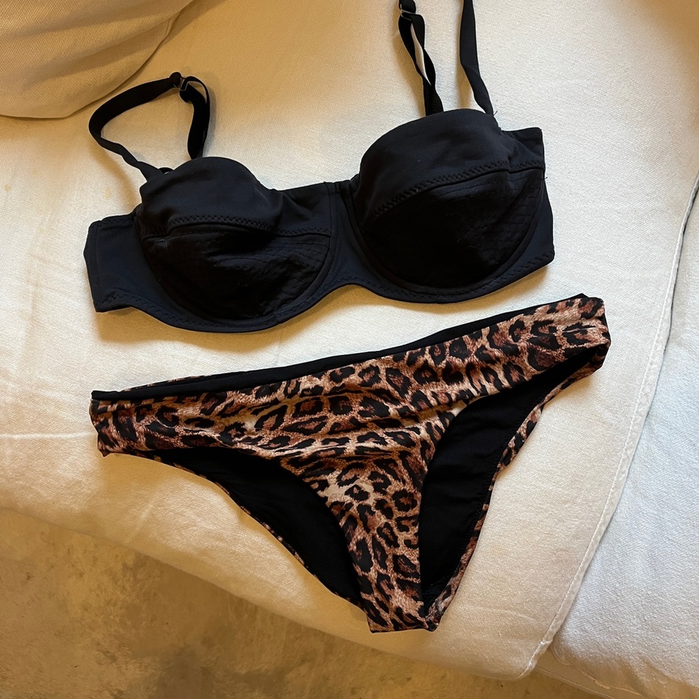 Black Bikini Top with Leopard Print Bottoms - Women’s Two-Piece Swim Set